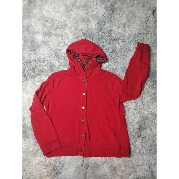 Lauren Jeans Co Ralph Lauren Red Plaid Lined Hoodie Jacket Button Front Women XL - Picture 1 of 10
